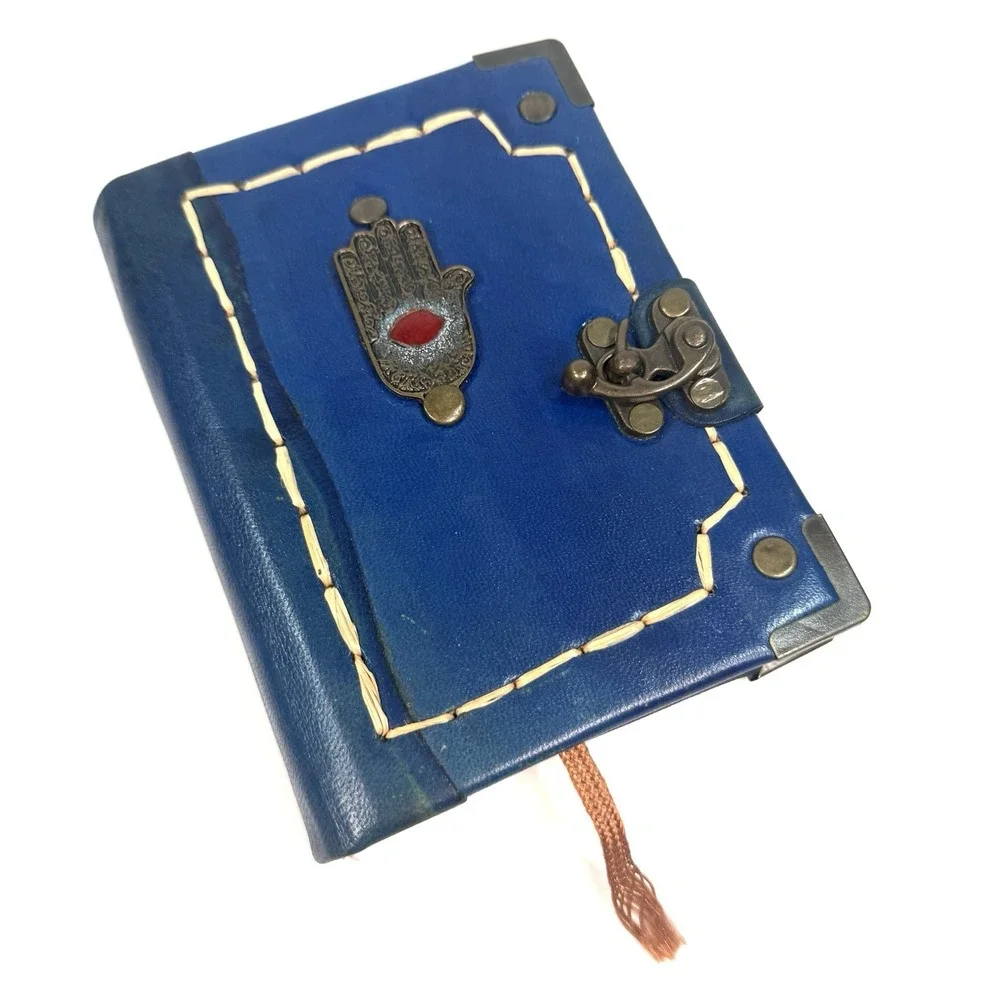 Vintage Handmade Leather Journal Hamsa Evil Eye Locking Blank Notebook Blue 6.5